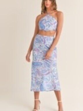 MARBLE Blue, Pink, White Paisley Print Halter and Skirt Set, Size S